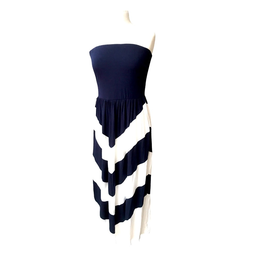 Kenar BLUE WHITE Chevron STRAPLESS NAVY Maxi-Dress! Size Large!